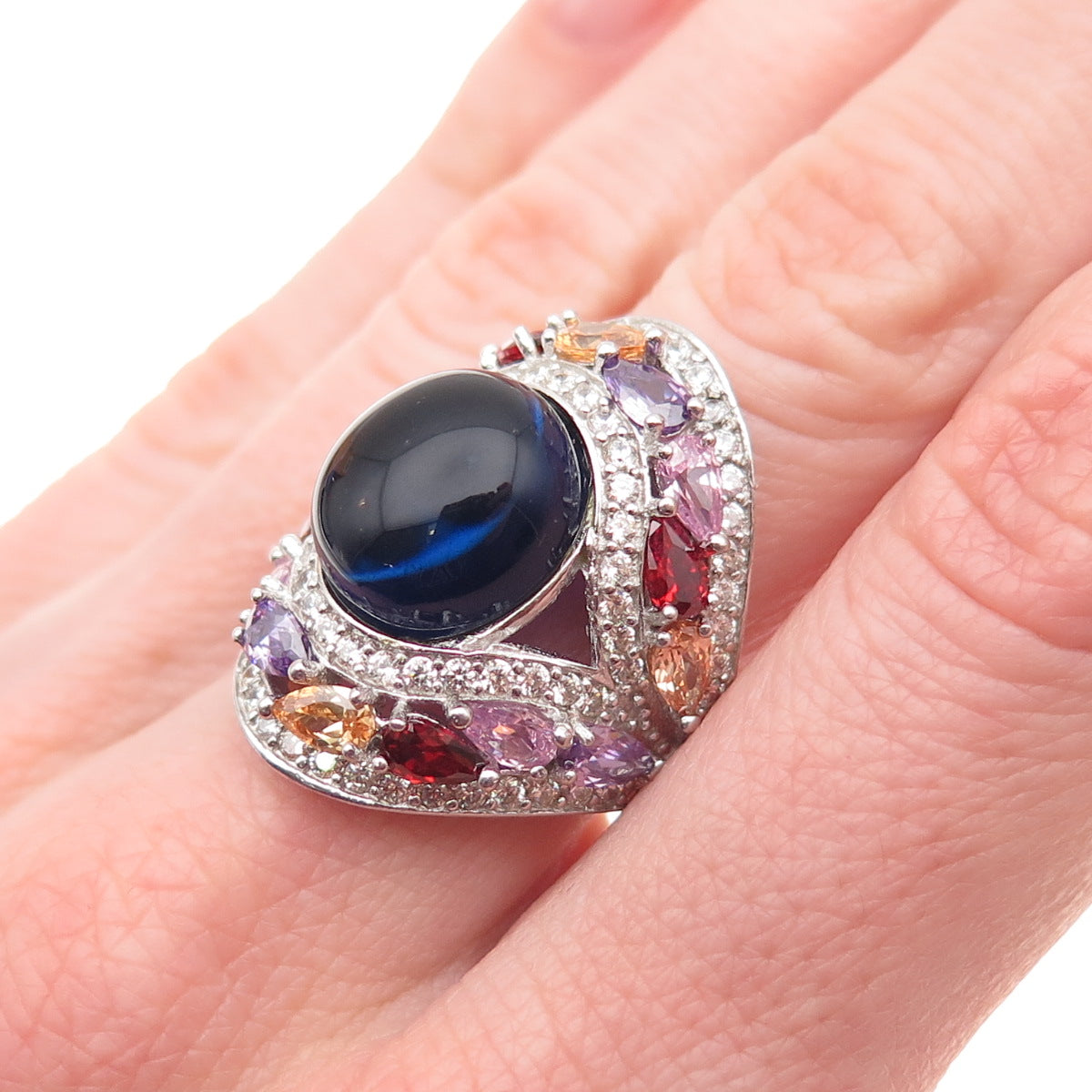 925 Sterling Silver Multi-Color C Z Cluster Ring Size 7
