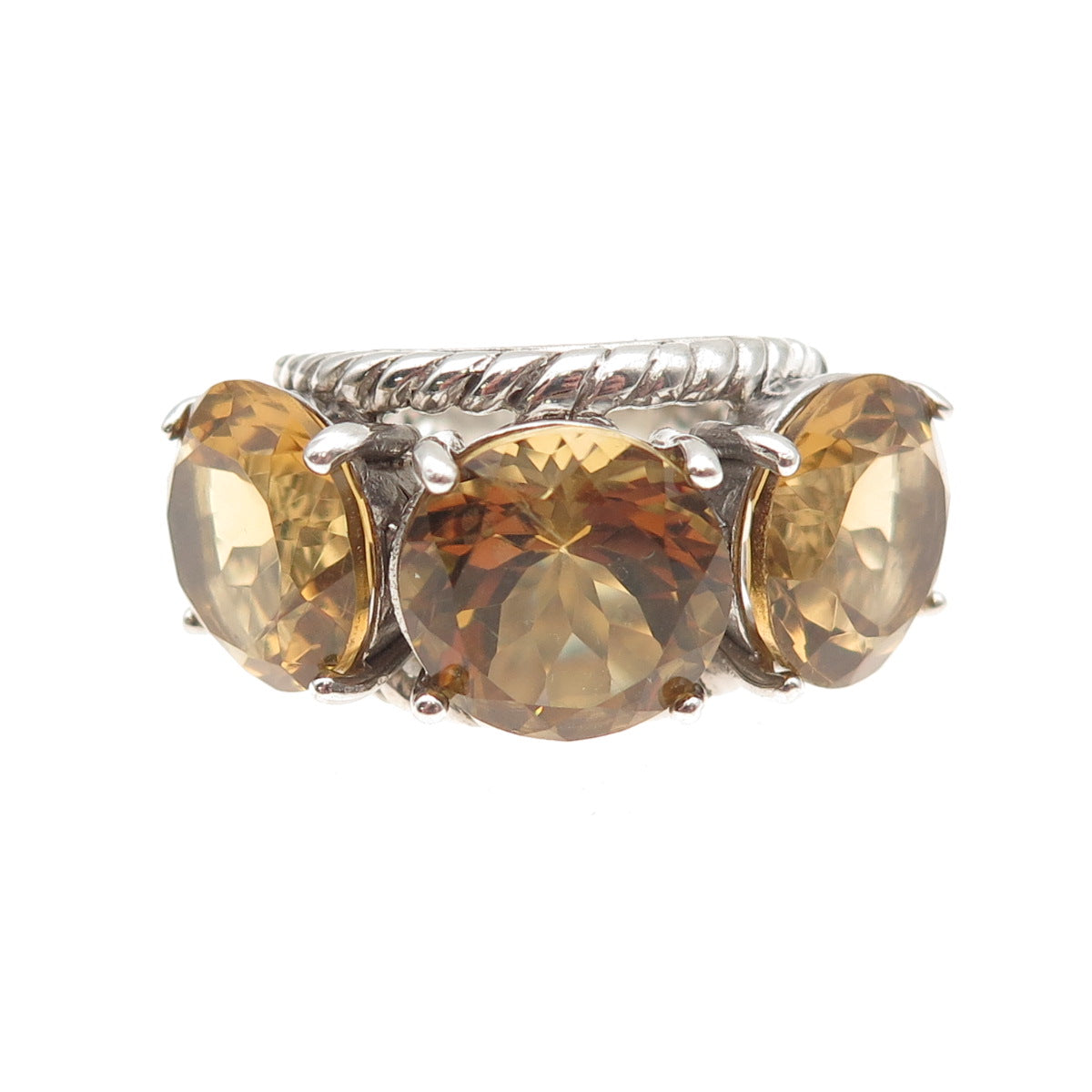 925 Sterling Silver Vintage Real Round-Cut Smoky Quartz Ring Size 6