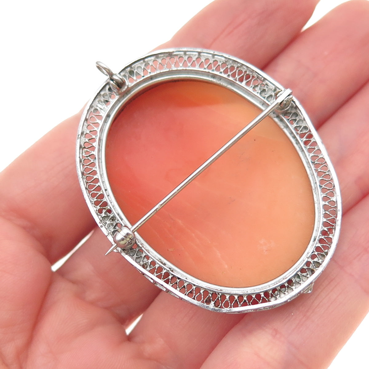 925 Sterling Silver Antique Art Deco Real MOP Lady Cameo Pin Brooch / Pendant
