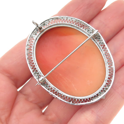 925 Sterling Silver Antique Art Deco Real MOP Lady Cameo Pin Brooch / Pendant