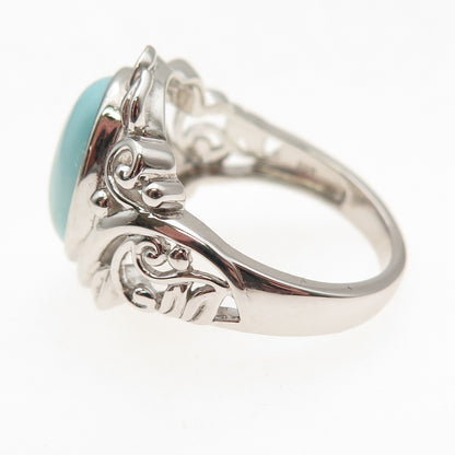 925 Sterling Silver Real Cabochon Tyrone Turquoise Floral Ring Size 8.25