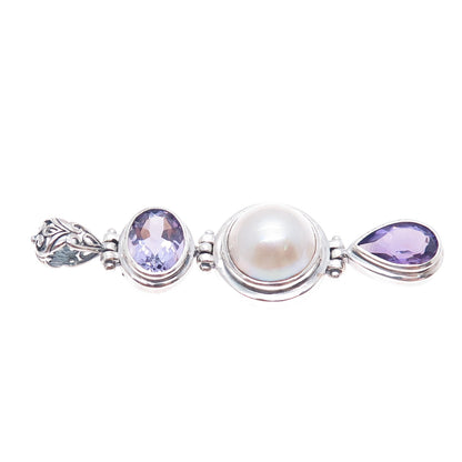CHAPAL ZENRAY 925 Sterling Silver Vintage Real Amethyst & Pearl Oxidized Pendant