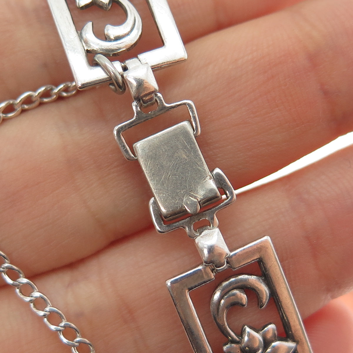 925 Sterling Silver Antique Art Deco Flower Blossom Panel Link Bracelet 7.75"