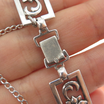 925 Sterling Silver Antique Art Deco Flower Blossom Panel Link Bracelet 7.75"