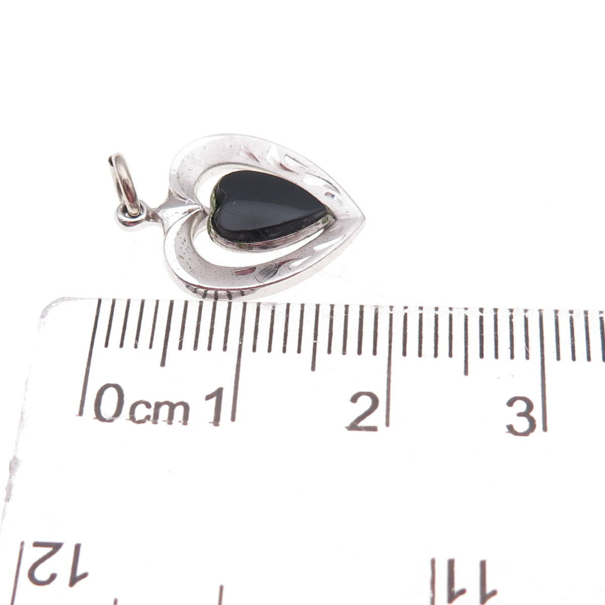 925 Sterling Silver Antique Art Deco Real Black Onyx Heart Charm Pendant