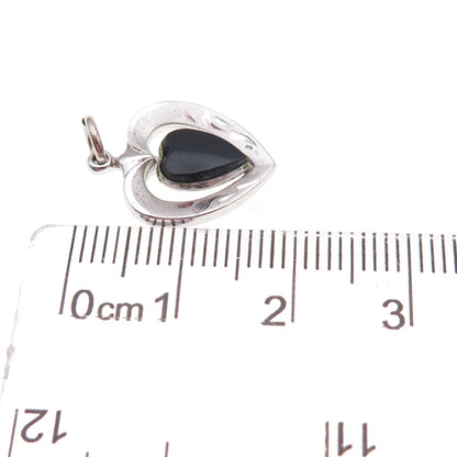 925 Sterling Silver Antique Art Deco Real Black Onyx Heart Charm Pendant