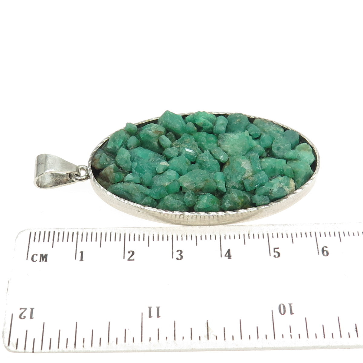 925 Sterling Silver Vintage Real Emerald Cluster Modernist Oval Pendant