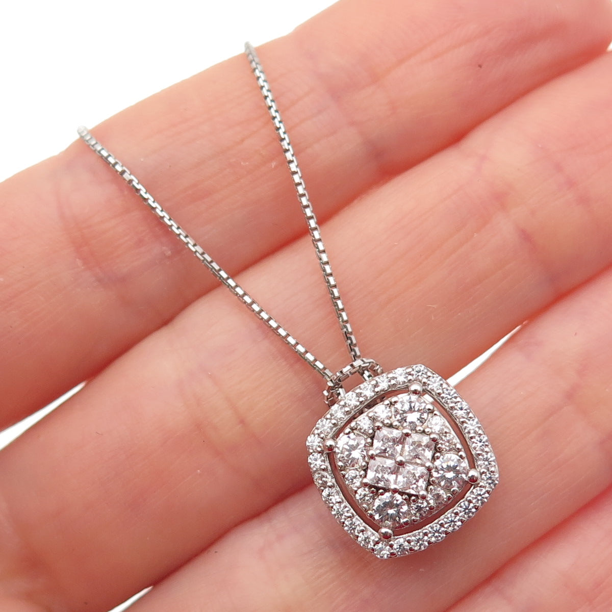 925 Sterling Silver Italy Round & Princess-Cut C Z Box Chain Necklace 16"
