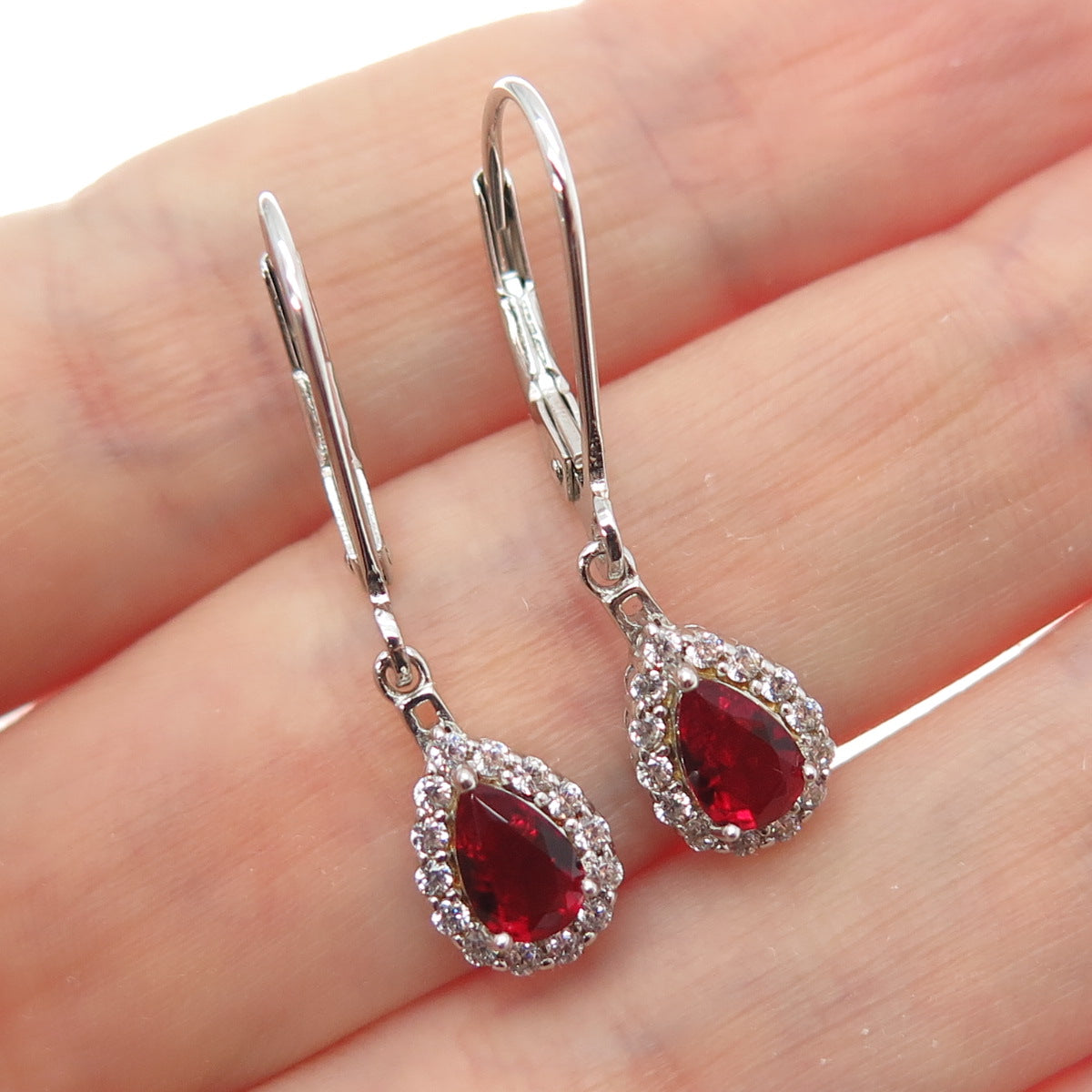 DSMK 925 Sterling Silver Real Red Garnet & C Z Teardrop Dangle Earrings