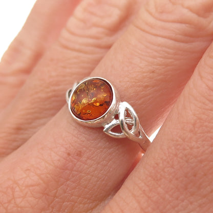 925 Sterling Silver Vintage Poland Real Amber Celtic Trinity Knot Ring Size 7.25