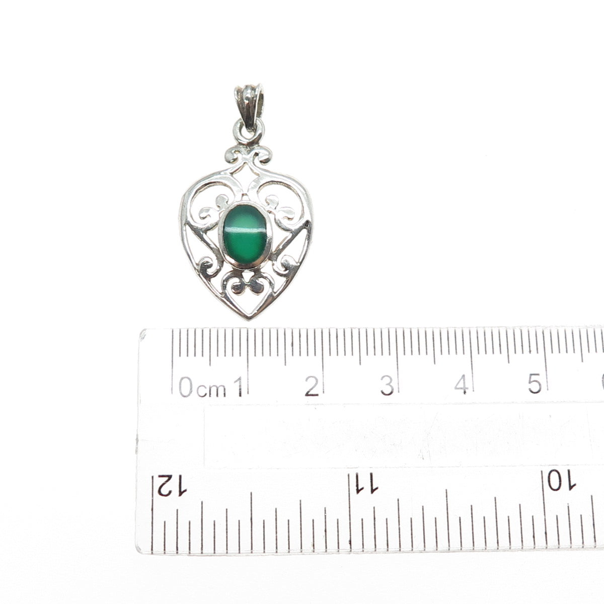 925 Sterling Silver Vintage Real Green Onyx Ornate Heart Charm Pendant