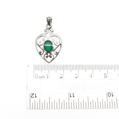 925 Sterling Silver Vintage Real Green Onyx Ornate Heart Charm Pendant