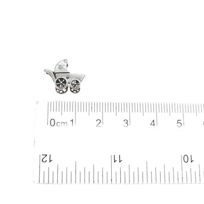 925 Sterling Silver Vintage Real Diamond Baby Stroller Mini 3D Charm Pendant