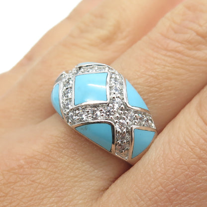 925 Sterling Silver Real Turquoise & Round-Cut C Z "X" Dome Ring Size 11