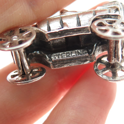 925 Sterling Vintage Carriage Car Spring Ring Lock Oxidized Movable 3D Pendant