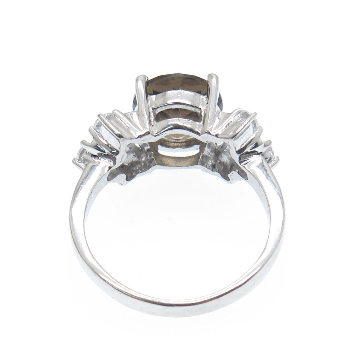 925 Sterling Silver Real Round-Cut Smoky Quartz & C Z Ring Size 7.25