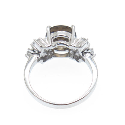 925 Sterling Silver Real Round-Cut Smoky Quartz & C Z Ring Size 7.25