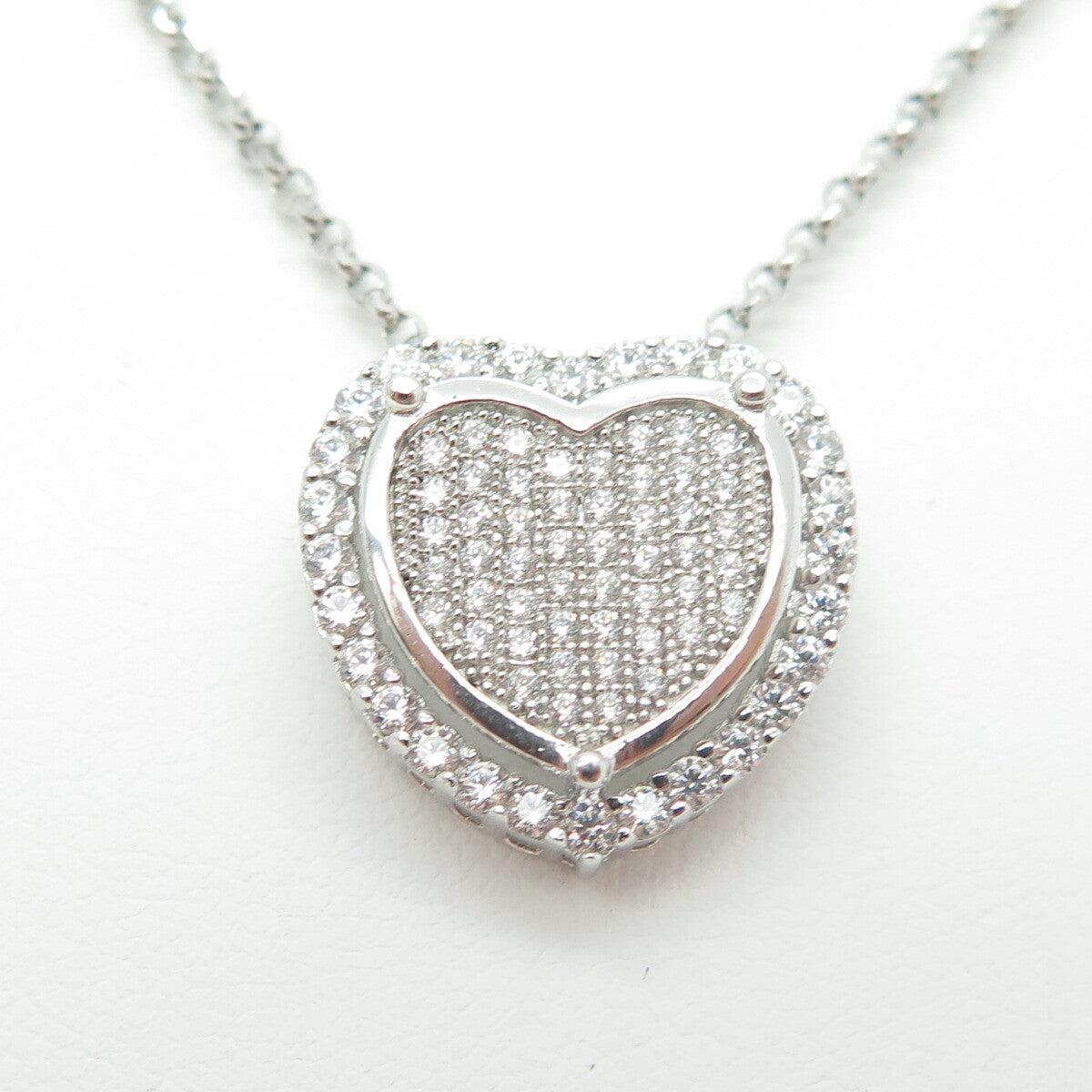 925 Sterling Silver Italy Round-Cut C Z Heart Rolo Chain Necklace 16"