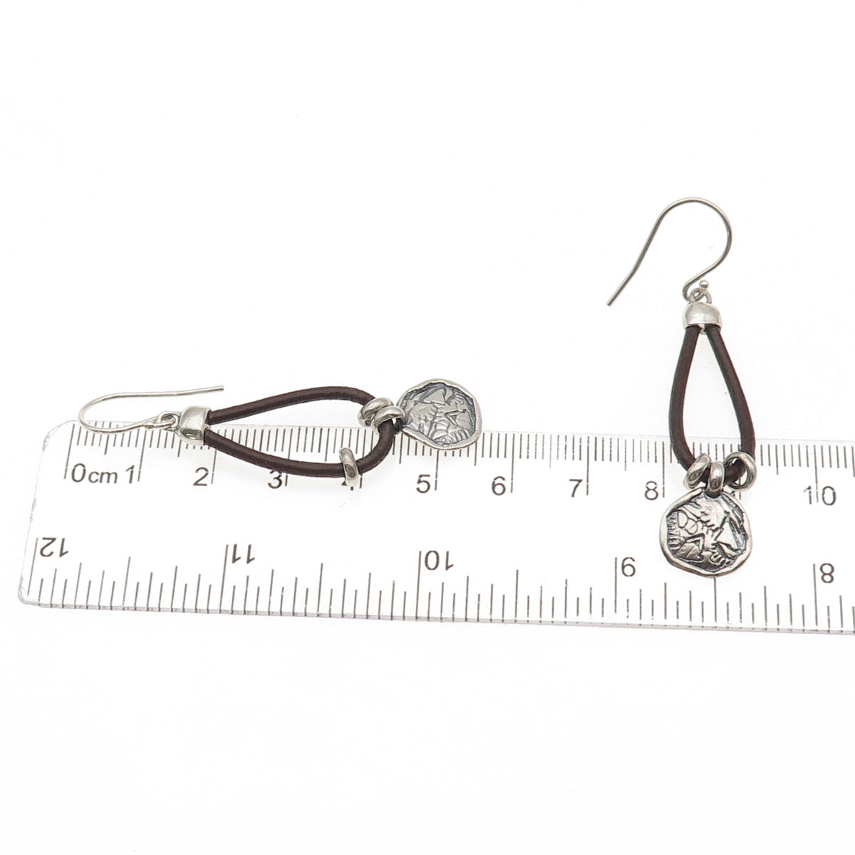Silpada 925 Sterling Silver Vintage Brown Leather Prairie Girl Disc Earrings