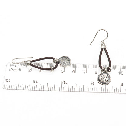 Silpada 925 Sterling Silver Vintage Brown Leather Prairie Girl Disc Earrings
