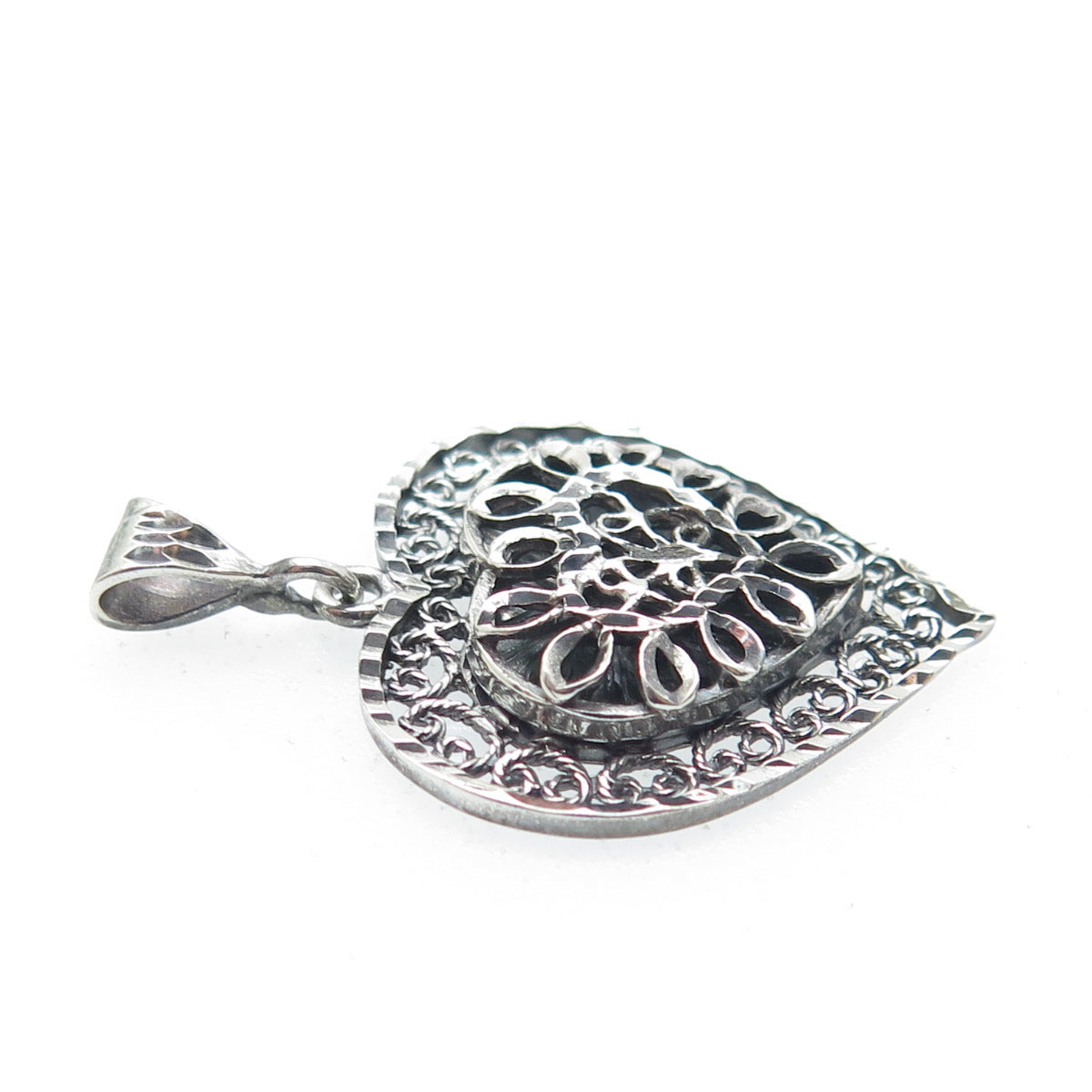 MORNING SUN 925 Sterling Silver Vintage Ornate Heart Oxidized Pendant