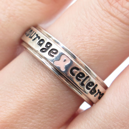 925 Sterling Vintage Enamel Celebrate Courage Cancer Ribbon Spin Ring Size 9.25