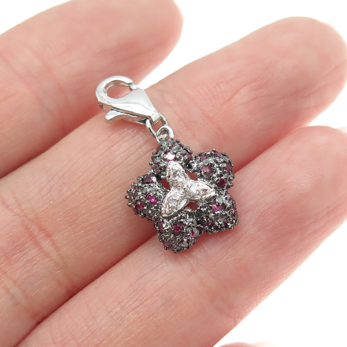 925 Sterling Silver Real White Topaz & Ruby Floral Lobster Lock Charm Pendant