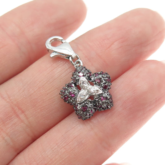 925 Sterling Silver Real White Topaz & Ruby Floral Lobster Lock Charm Pendant