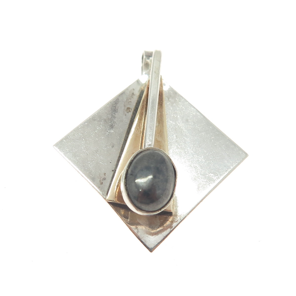 925 Sterling Silver 2-Tone Vintage Real Hematite Gemstone Modernist Pendant