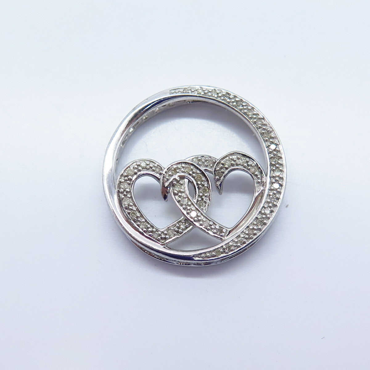 925 Sterling Silver Real White Diamond Double Heart Open Round Pendant