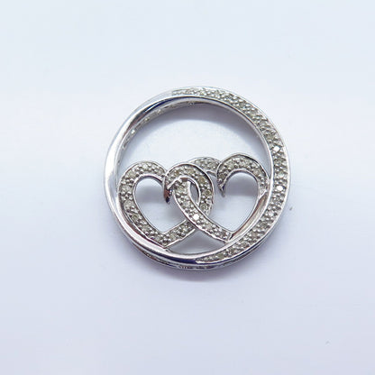 925 Sterling Silver Real White Diamond Double Heart Open Round Pendant