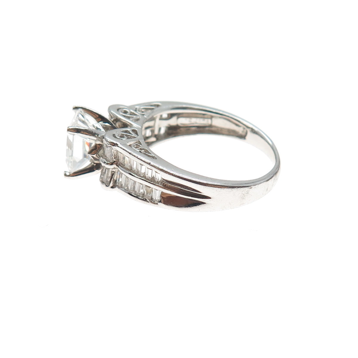 MEDA 925 Sterling Princess & Tapered Baguette-Cut C Z Engagement Ring Size 6.75