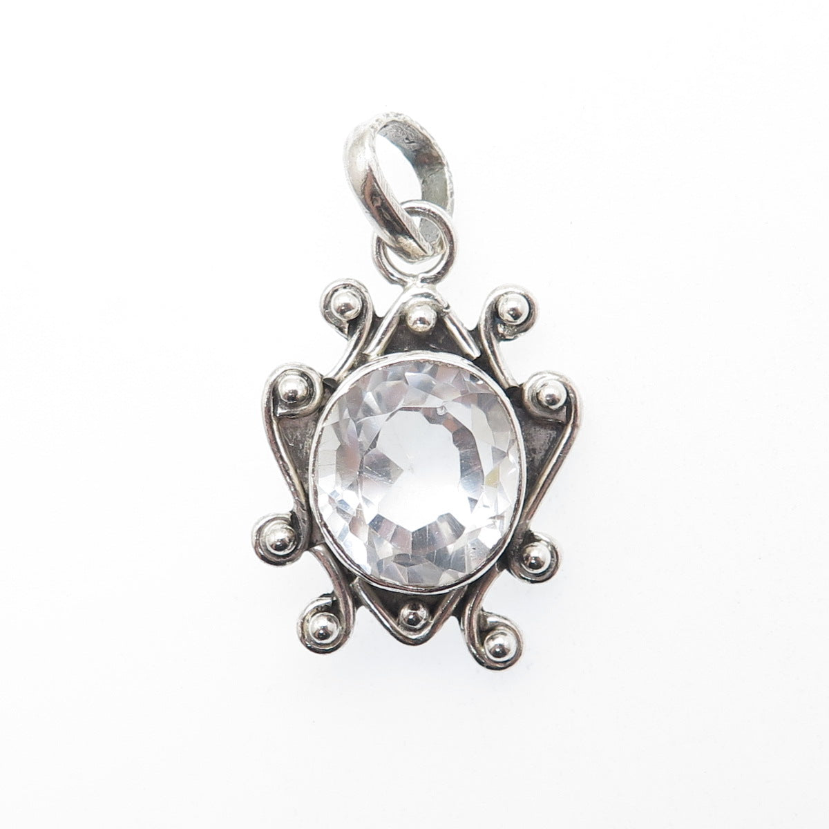 925 Sterling Silver Vintage Real Clear Quartz Beaded Oxidized Charm Pendant