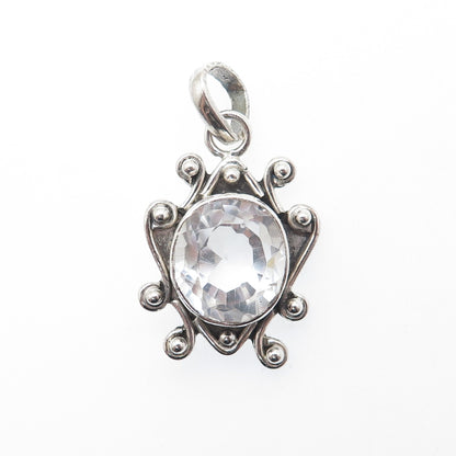 925 Sterling Silver Vintage Real Clear Quartz Beaded Oxidized Charm Pendant