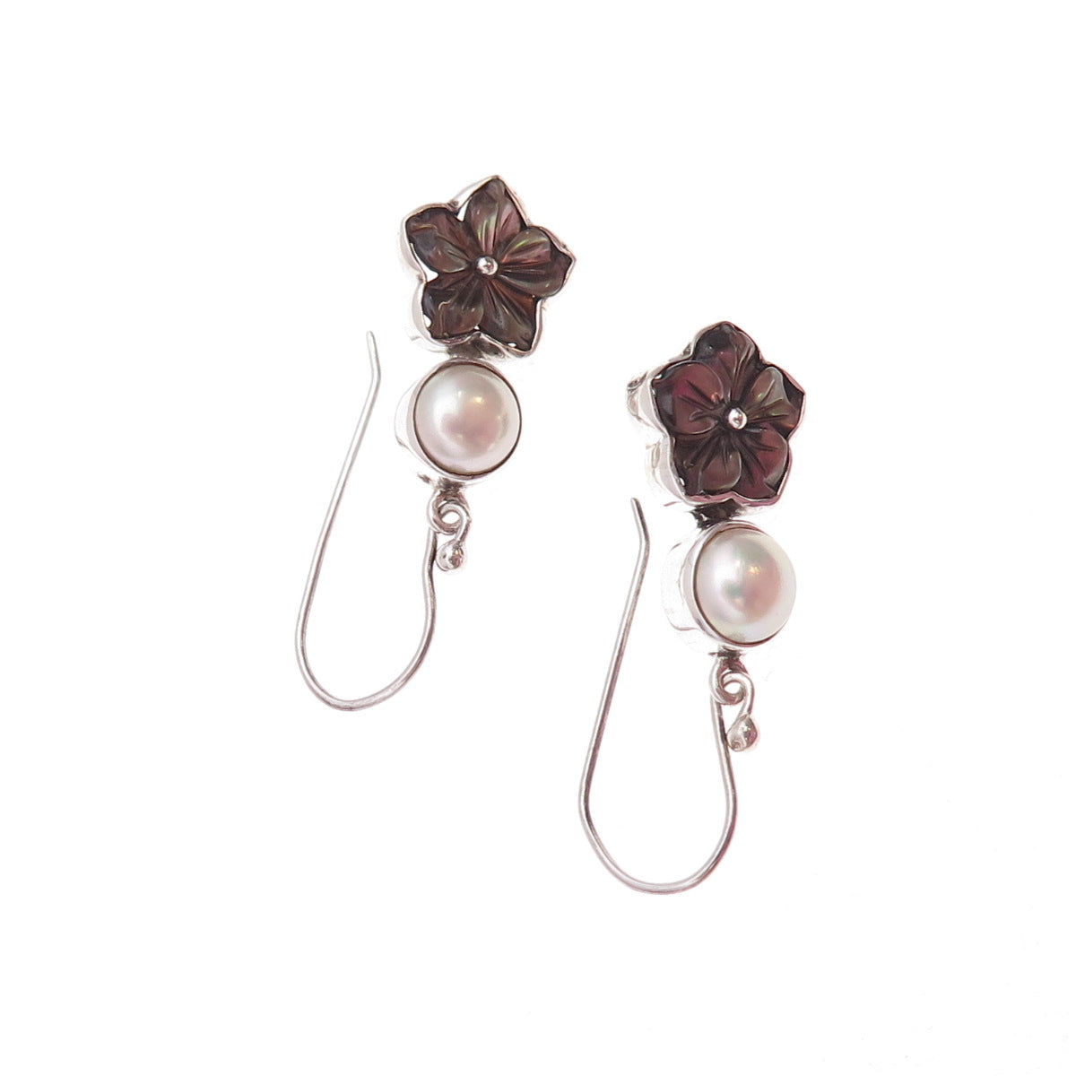 925 Sterling Silver Vintage Real Pearl & Abalone Shell Floral Dangle Earrings