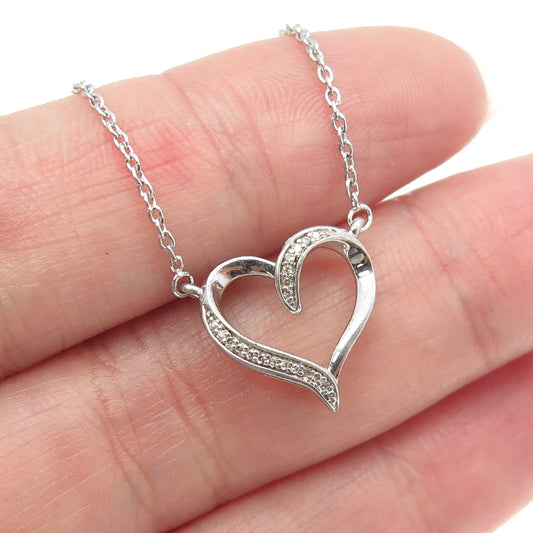 SUN 925 Sterling Silver Italy Real Round-Cut Diamond Heart Chain Necklace 18"