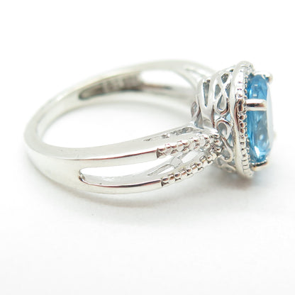 925 Sterling Silver Real White Diamond Accent & Blue Topaz Gem Ring Size 5.75