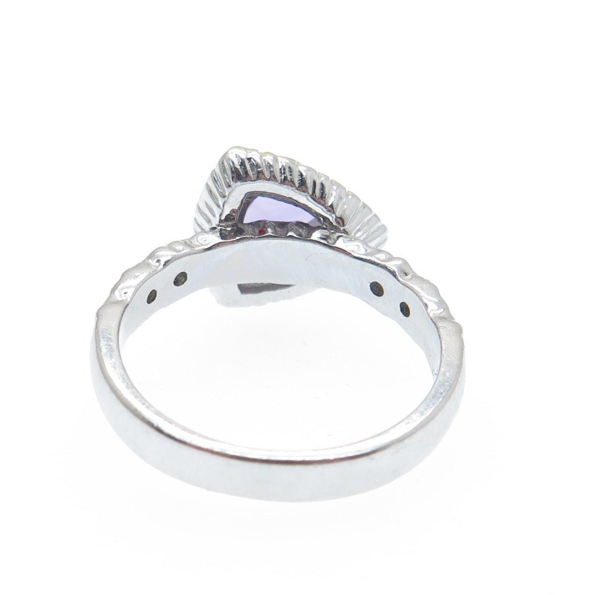 925 Sterling Silver 2-Tone Real Amethyst & White Topaz Triangle Ring Size 6.25