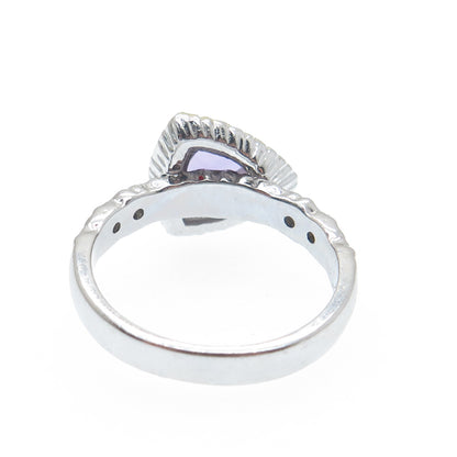 925 Sterling Silver 2-Tone Real Amethyst & White Topaz Triangle Ring Size 6.25