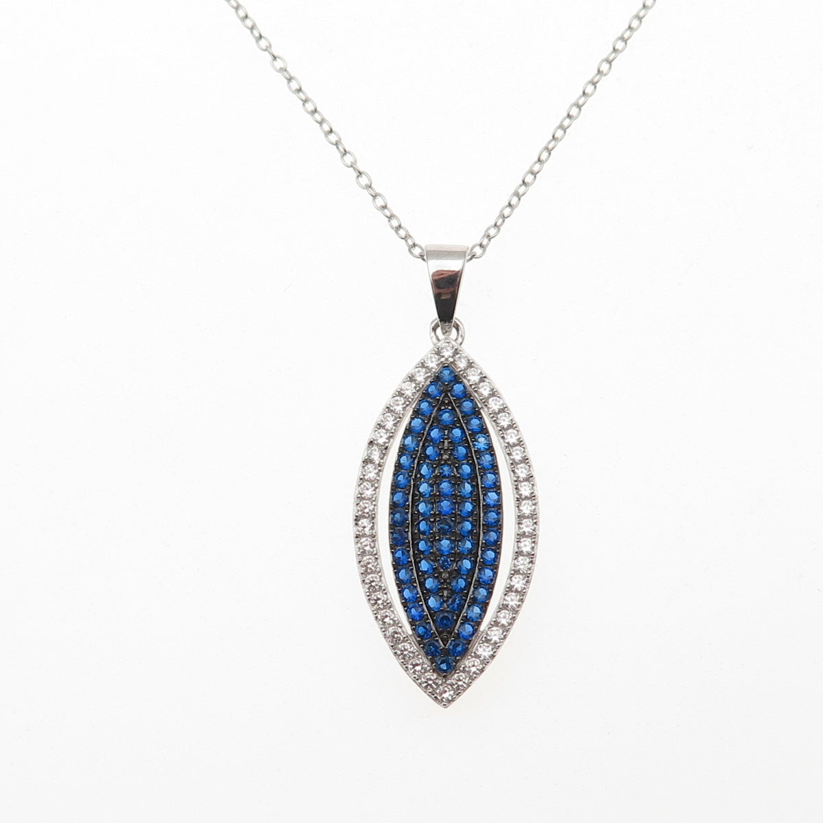 925 Sterling Silver Round-Cut Blue & White C Z Petal Cable Chain Necklace 18"