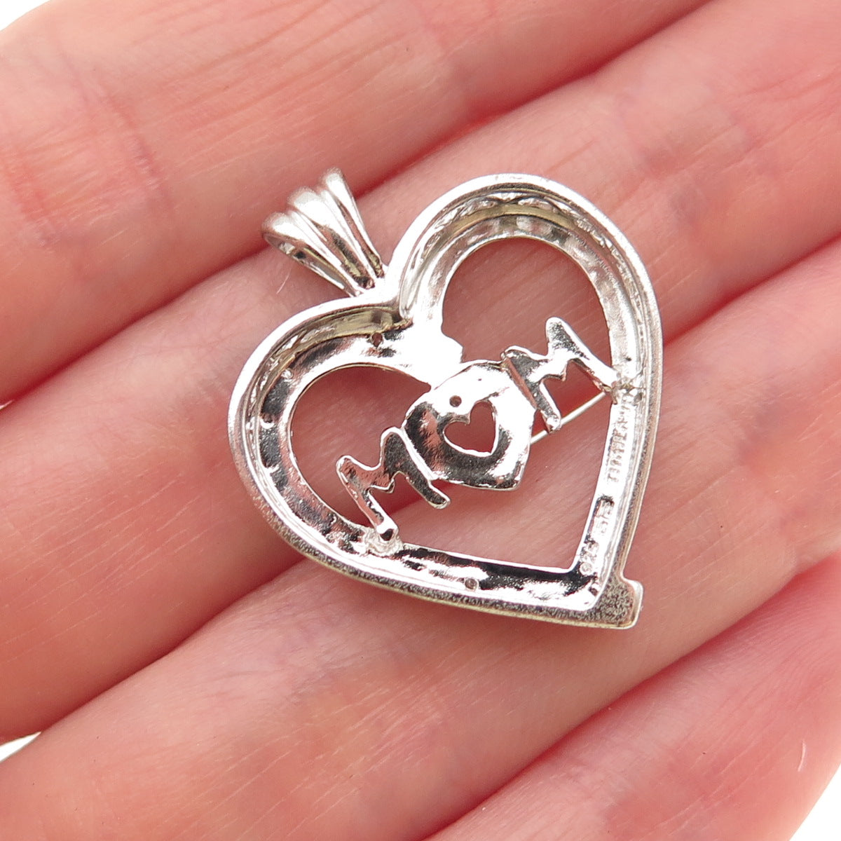 925 Sterling Silver Real Round-Cut Diamond Mom Heart Charm Pendant