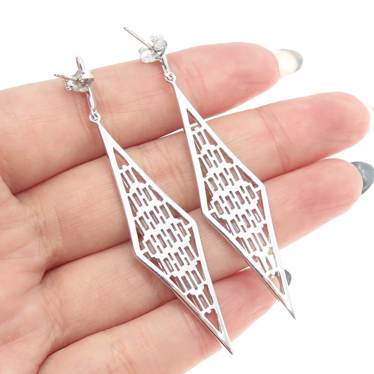 925 Sterling Silver Emerald-Cut Shaped C Z Rhombus Elongated Dangling Earrings