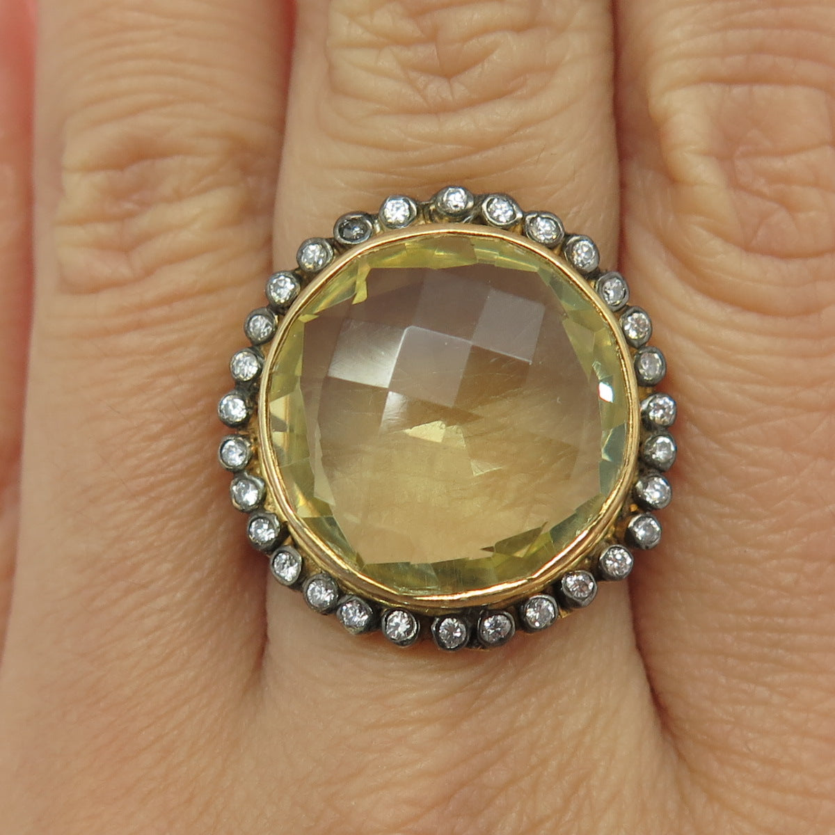 925 Sterling Silver Gold Plated Vintage Real Citrine & C Z Ring Size 8.25