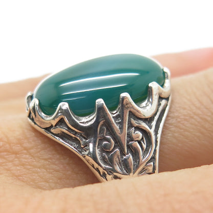 925 Sterling Silver Vintage Green Agate Flower Oxidized Ring Size 11.5