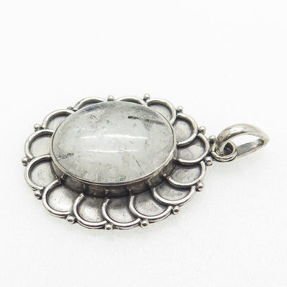 925 Sterling Silver Vintage Real Rutilated Quartz Flower Oxidized Pendant