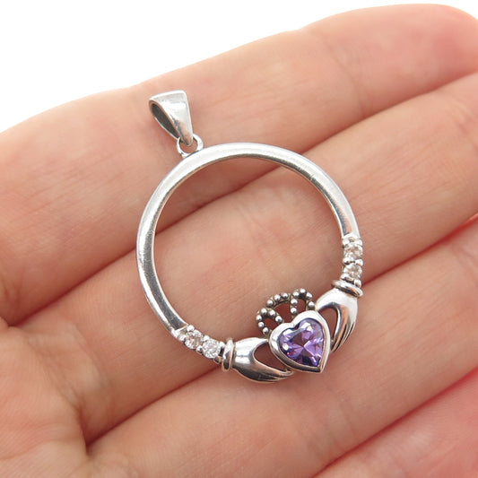 SHANORE 925 Sterling Silver Vintage Real Amethyst Irish Claddagh Charm Pendant