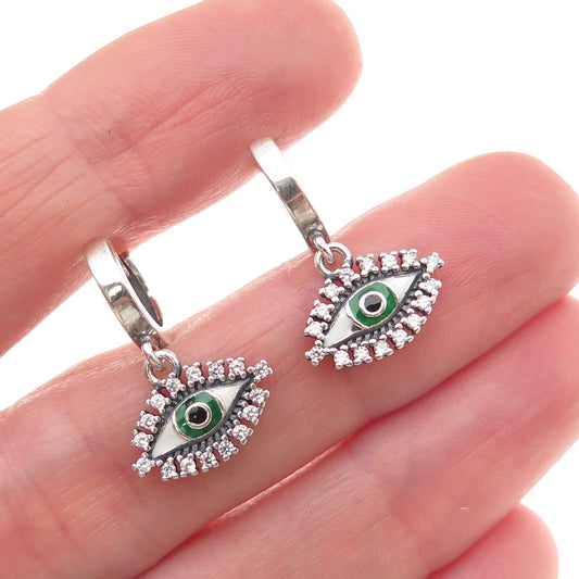 925 Sterling Silver Enamel & C Z Evil's Eye Dangle Charm Hoop Earrings