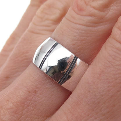 925 Sterling Silver Vintage Mexico Modernist Oxidized Wide Band Ring Size 8.5