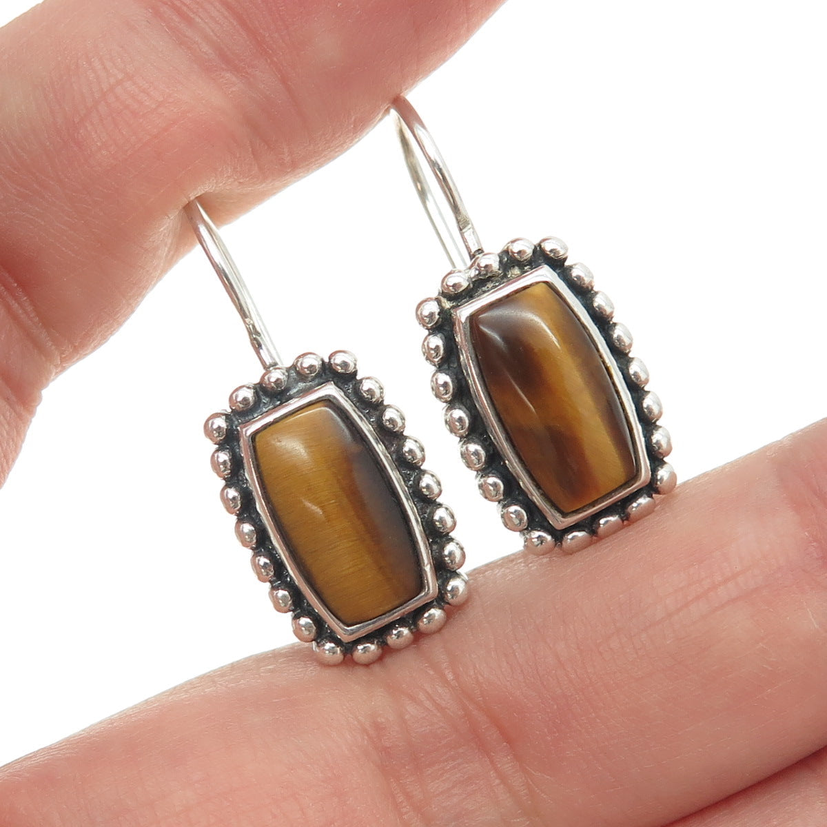 925 Sterling Silver Vintage Real Tiger Eye Beaded Earrings