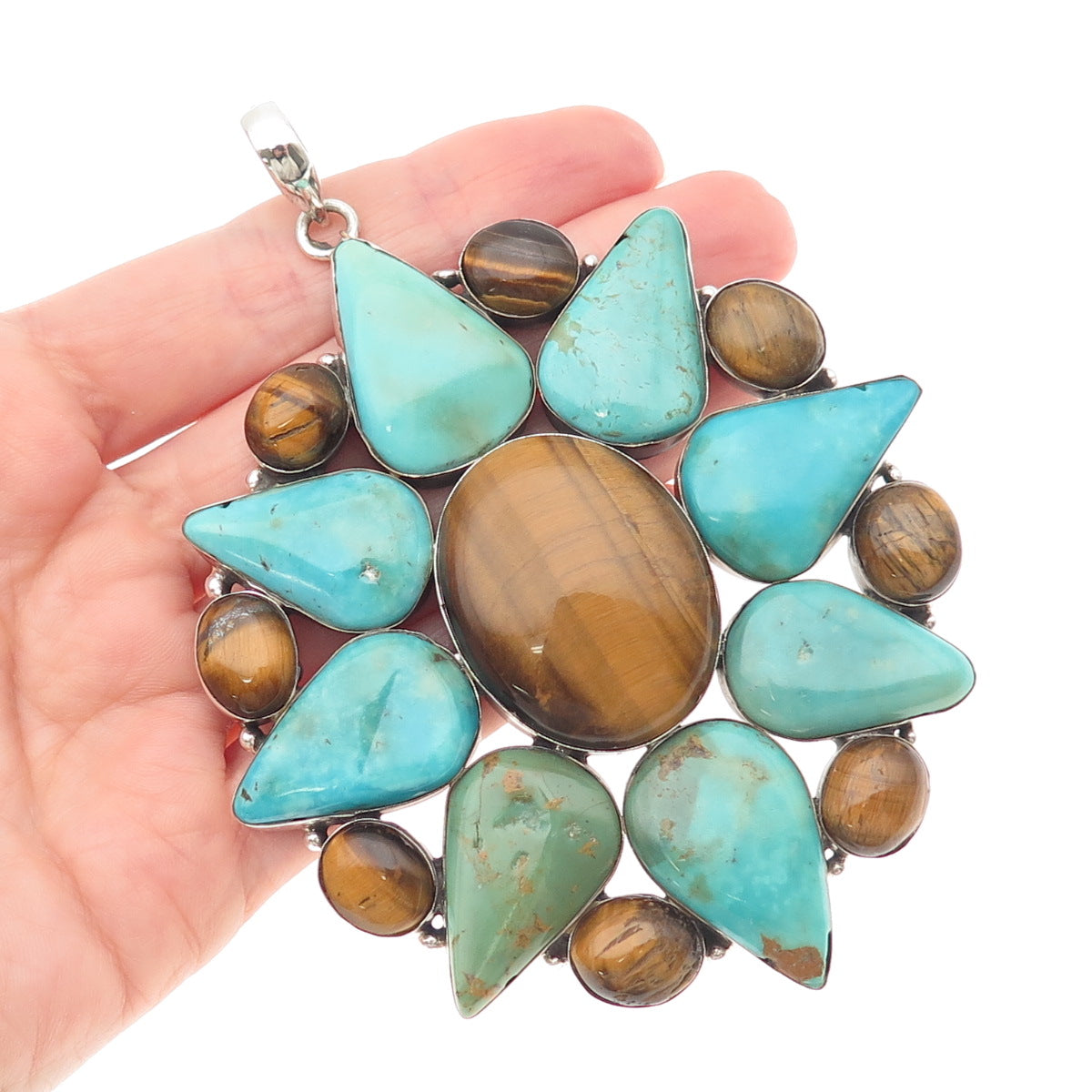 925 Sterling Silver Vintage Real Turquoise & Tiger Eye Statement 78.8g Pendant